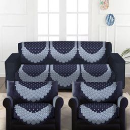 SOKNACK Navy-Blue & White Printed 5-Seater Velvet Sofa Covers With Arm Rest Covers-11