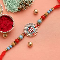 Aapno Rajasthan Red & Turquoise Blue Beaded Swastik Rakhi with Roli Chawal & Card-image-30