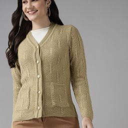 Cayman Women Beige Woollen Self Design Cardigan-67