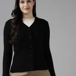 Cayman Women Black Self Design Cardigan-10