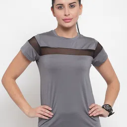 Boston Club Women Grey Striped Drop-Shoulder Sleeves Dri-FIT Pockets T-shirt-image-69