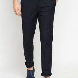 Basics Men Navy Blue Checked Tapered Fit Trousers-image-49