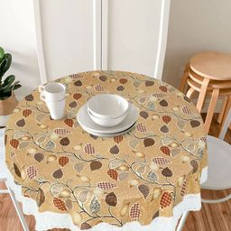 Dakshya Industries Beige & White Floral Printed Embellished Waterproof Round Table Cover-17