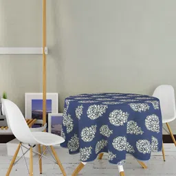 Texstylers Nay Blue & White Floral Printed Cotton Round 4-Seater Anti-Slip Table Cover-54