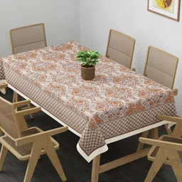 Clasiko Beige & Grey Printed Pure Cotton 6-Seater Rectangular Table Cover-3