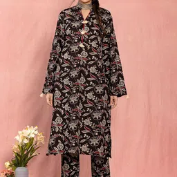 KASYA Mandarin Collar Flared Sleeves Floral Printed Pakistani Style Kurta with Palazzo-35