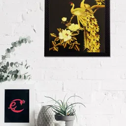 eCraftIndia Gold-Coloured & Black Sitting Peacock Satin Matt Texture UV Wall Art-5