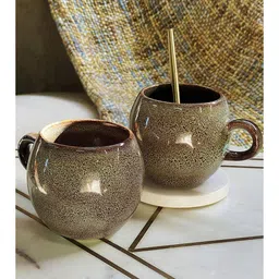 Folkstorys Set of 2 Brown Textured Ceramic Glossy Mugs-40