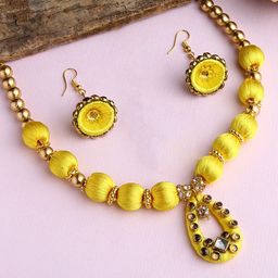 AKSHARA Girls Gold-Plated & Yellow Stone-Studded & Beaded Silk Thread Jewellery Set-image-58