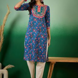 Vastramyaa Floral Printed Gotta Patti Cotton Straight Kurta-image-4