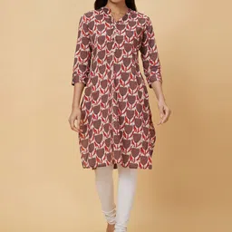 Globus Brown Floral Printed Mandarin Collar Pure Cotton Straight Kurta-image-30