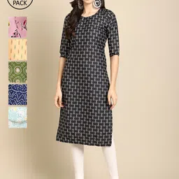 7Threads Women Pack of 6 Floral Printed Crepe Kurta-image-101