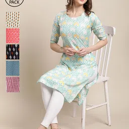 7Threads Women Pack Of 6 Floral Printed Thread Work Crepe Kurta-image-63