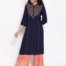 AURELIA Women Navy Blue & Gold-Toned Ethnic Motifs Yoke Design Thread Work Kurta-image-98