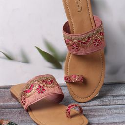 PANAHI Women Peach-Coloured Embellished Party One Toe Flats-11