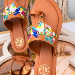 NR By Nidhi Rathi Women Tan Brown & Blue Embellished Leather One Toe Flats-image-6