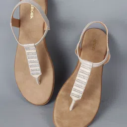 Anouk White Embellished T-Strap Flats With Backstrap-44