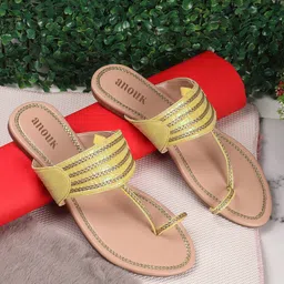 Anouk Women Yellow Textured One Toe Flats-11
