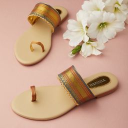 Vishudh Women Grey & Gold-Toned Ethnic One Toe Flats-image-17