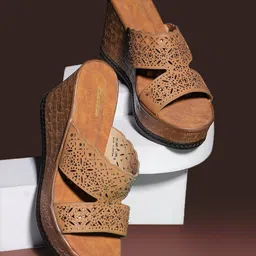 Bata Textured Open Toe Leather Wedge Heels-15