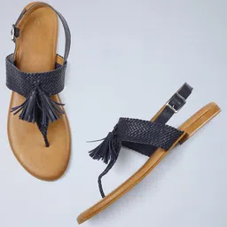 W Women Navy Blue Woven Design Leather Open Toe Flats-5