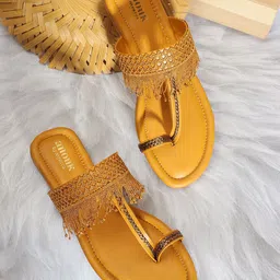 Anouk Mustard Yellow Textured Tasseled One Toe Flats-picture-1