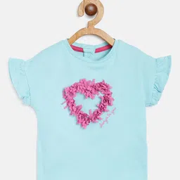 mothercare Girls Blue & Pink Heart Shaped Applique Pure Cotton Top with Flutter Sleeves-image-69