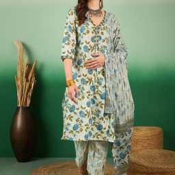 Sangria Green Floral Printed Pure Cotton Straight Kurta With Trouser & Dupatta-image-72