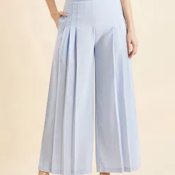 PANIT Blue Women Self Design Pleated Parallel Trouser-image-7