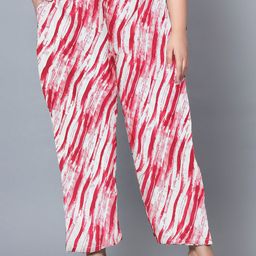 Indietoga Women Plus Size Red & White Abstract Print Parallel Trousers with Pockets-picture-22