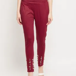 Clora Creation Women Maroon Floral Embellished Smart Slim Fit Easy Wash Trousers-image-28
