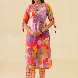 Sangria Violet & Pink Floral Printed Mandarin Collar Kurta With Trousers-picture-21