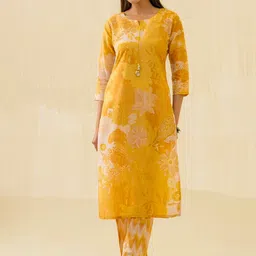 Sangria Yellow Floral Printed Tie-Up Neck Kurta With Trousers-52