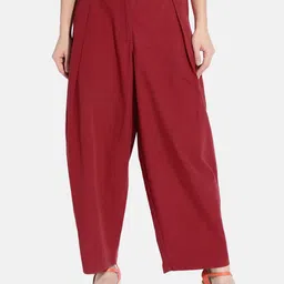 GRASS by Gitika Goyal Women Maroon Pleated Parallel Trousers-image-24