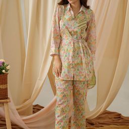 Ishin Printed Shirt Collar Pure Cotton Tunic With Trousers-picture-56
