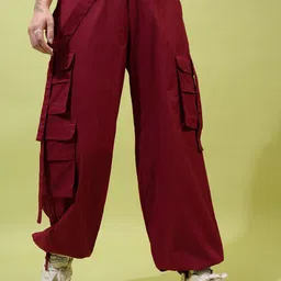 Tokyo Talkies Women Maroon Straight Fit Mid-Rise Cotton Cargos Trousers-image-84