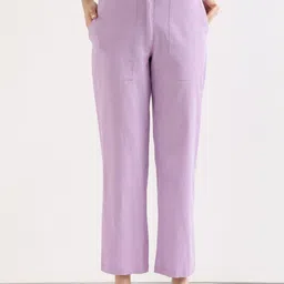SAADAA Women Mid-Rise Cotton Linen Comfort Straight Fit Trousers-23