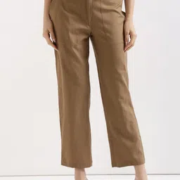 SAADAA Women Comfort Straight Fit Cotton Linen Mid-Rise Trousers-picture-9