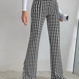BAESD Women Checked Relaxed Bootcut Trousers-image-10