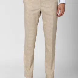 Peter England Men Cream-Coloured Checked Slim Fit Trousers-image-23