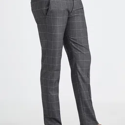 MR BUTTON Men Mid Rise Plain Checked Slim Fit Formal Trousers-image-30