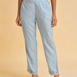 W Women Blue Floral Printed Slim Fit Trousers-image-87