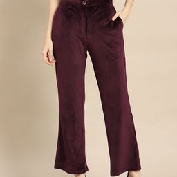 WoowZerz Women Burgundy Solid Velvet Smart Slim Fit High-Rise Crop Bootcut Trousers-image-78
