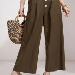 Tokyo Talkies Women Solid Linen Pleated Wideleg Trouser-image-96