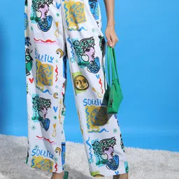 Tokyo Talkies Women Off White Graphic Printed Flared Trousers-image-22