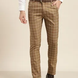 SOJANYA Men Khaki & Off-White Smart Fit Checked Formal Trousers-image-50