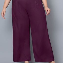 Indietoga Women's Plus Size Wine Solid Rayon Casual Trousers with Pockets-6