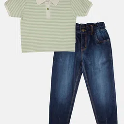 KiddoPanti Girls Striped Polo Collar Pure Cotton T-shirt with Trousers-picture-49