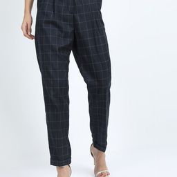 CHIC BY TOKYO TALKIES Women Navy Blue Checked Straight Fit High-Rise Trousers-image-5
