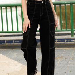 STREET 9 Women Black Relaxed Straight Leg High-Rise Pure Cotton Cargo Trousers-image-19